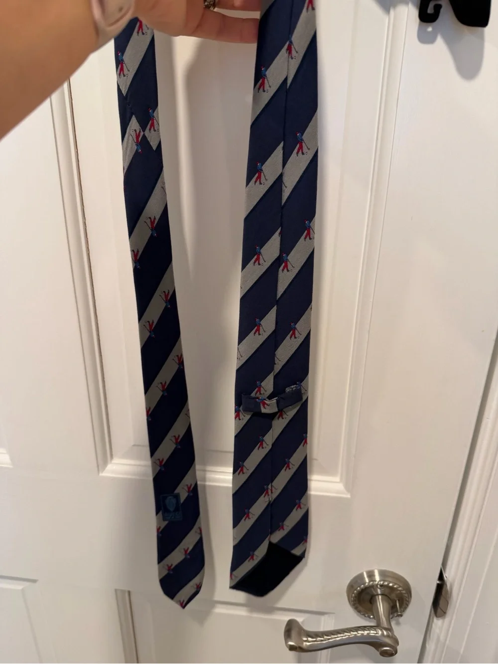 Vintage Gucci Navy Gray Striped Silk Tie featuring novelty Golf Motifs Necktie